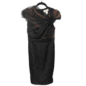 NWT Byron Lars Beauty Mark Black Tan Mesh Overlay Formal Midi Dress Womens 2